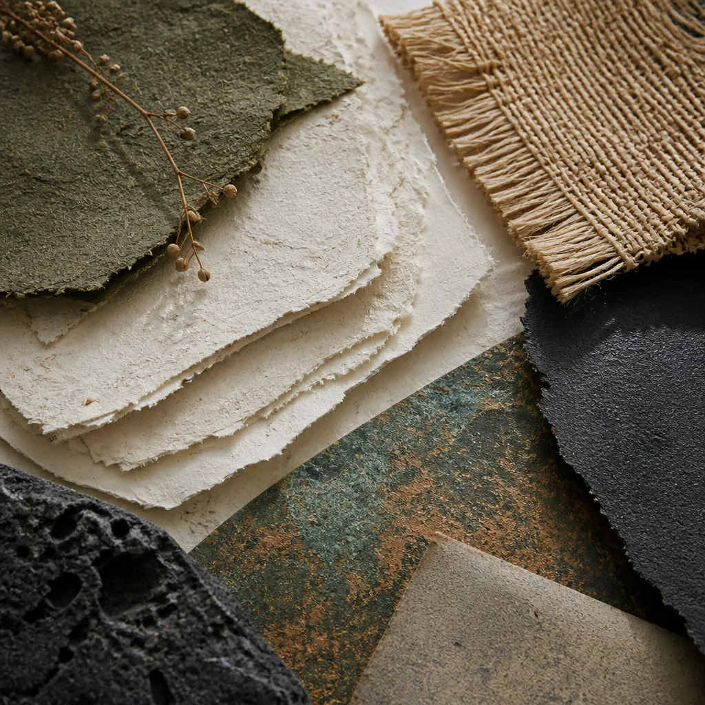 Layered fiber and recycled paper materials in natural muted tones